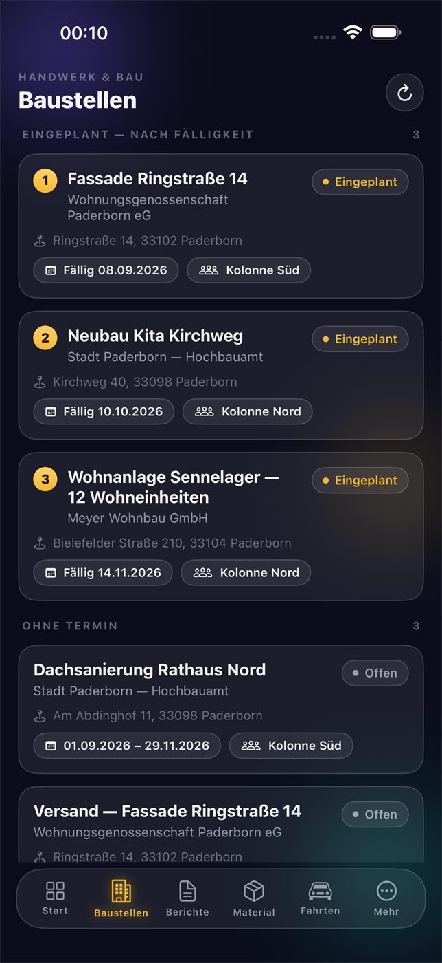 Baustellen nach Fälligkeit, mit Kolonne.