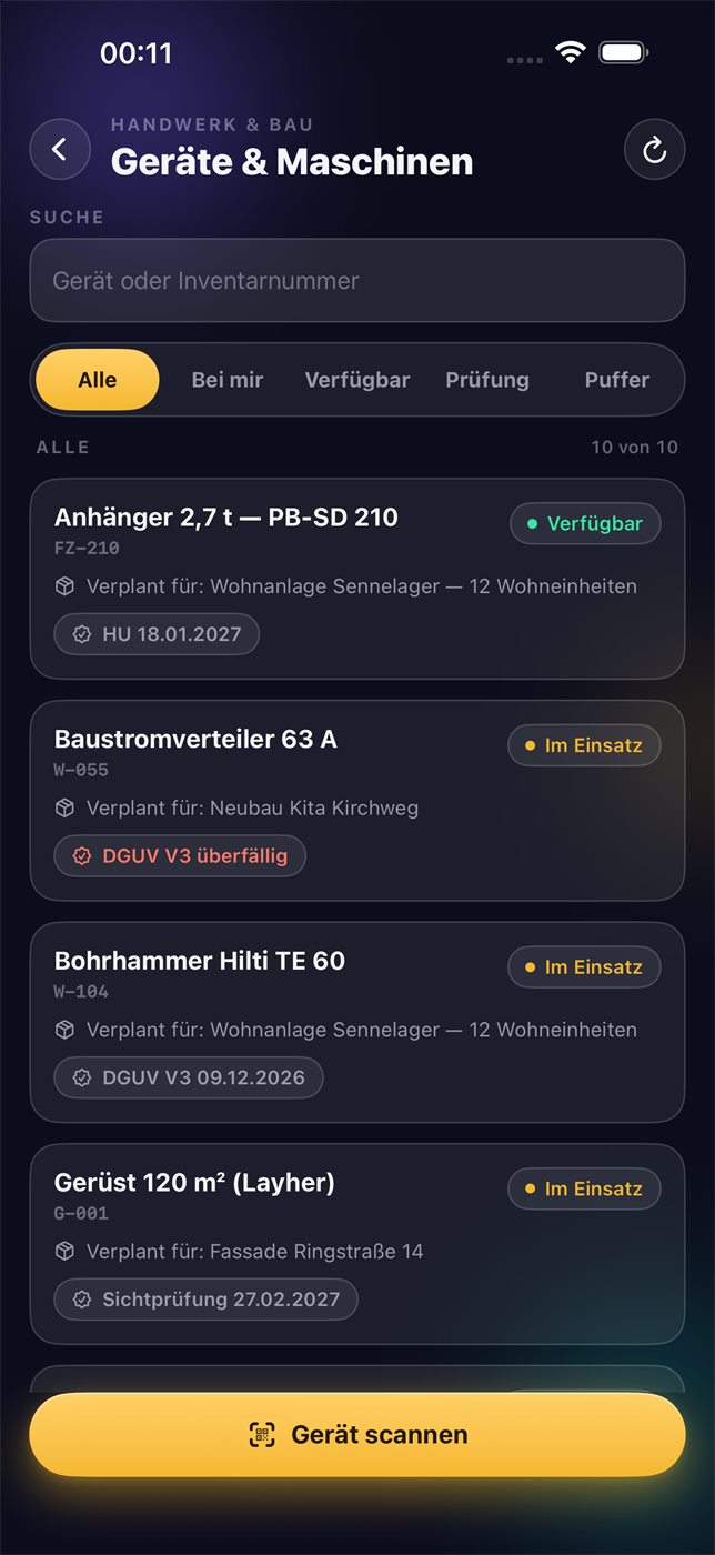 Geräte mit Standort und Prüffristen.