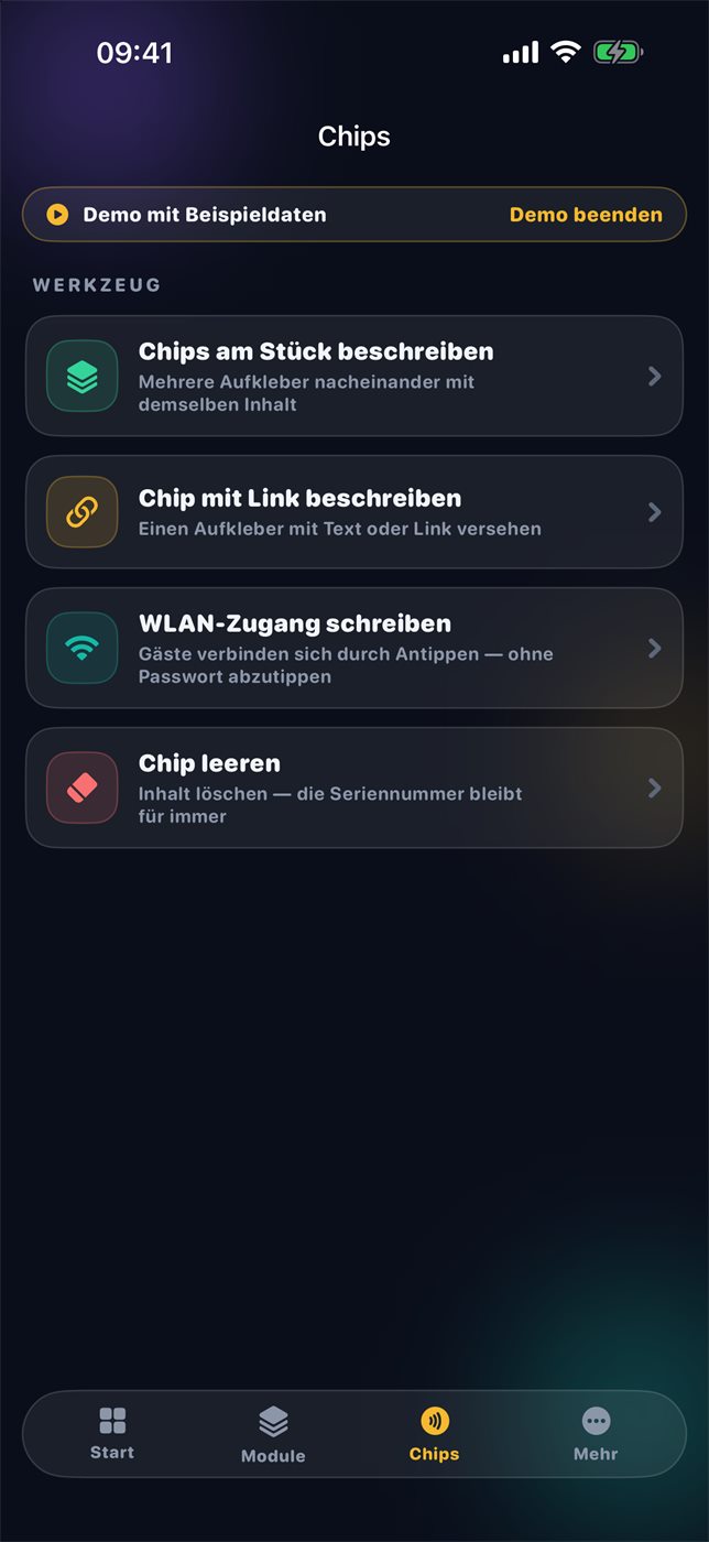 Chips beschreiben, kopieren, leeren, sperren.