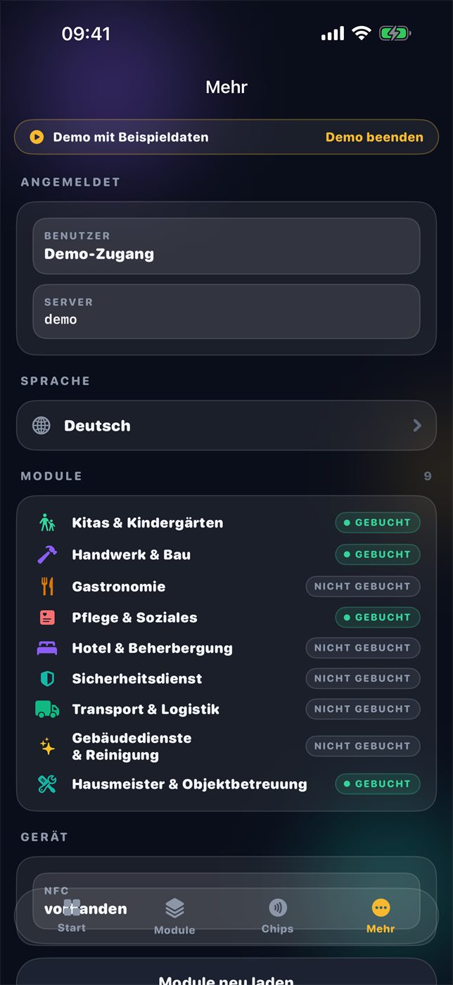 Einstellungen, Sprache, Demo.